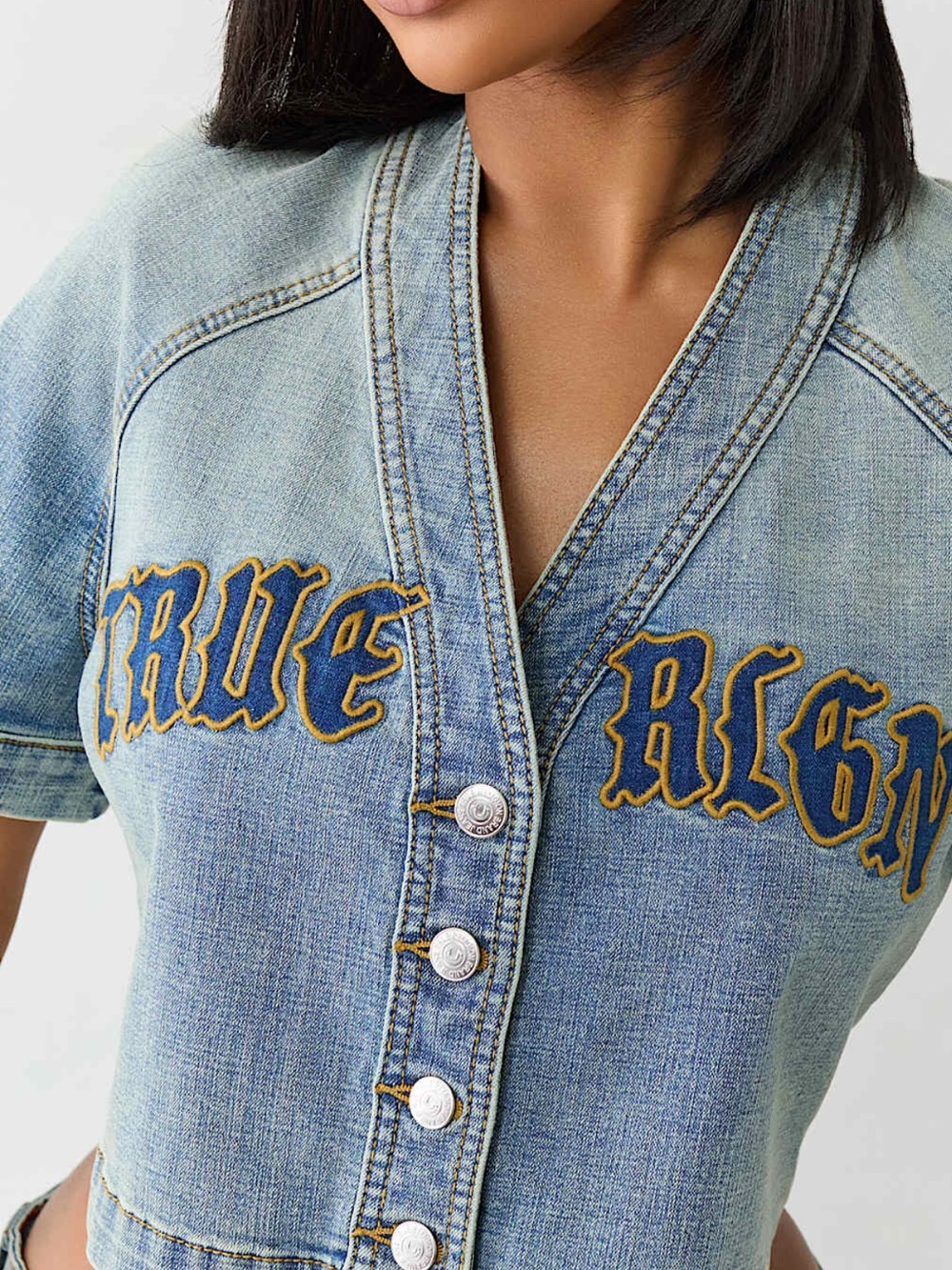 ***True Religion *** Light Blue Denim Cropped Button-Up Top with Gold Embroidery